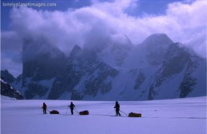 Mt Asgard Behind Sledding Group On Turner Glacier, Auyuittuq NP, Baffin Island, Nunavut, Canada